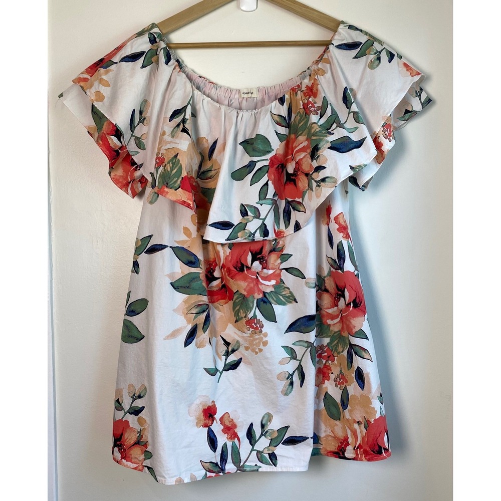 Adriene Floral Off Shoulder Mini Dress Tunic Blouse Small White Ruffle Boho